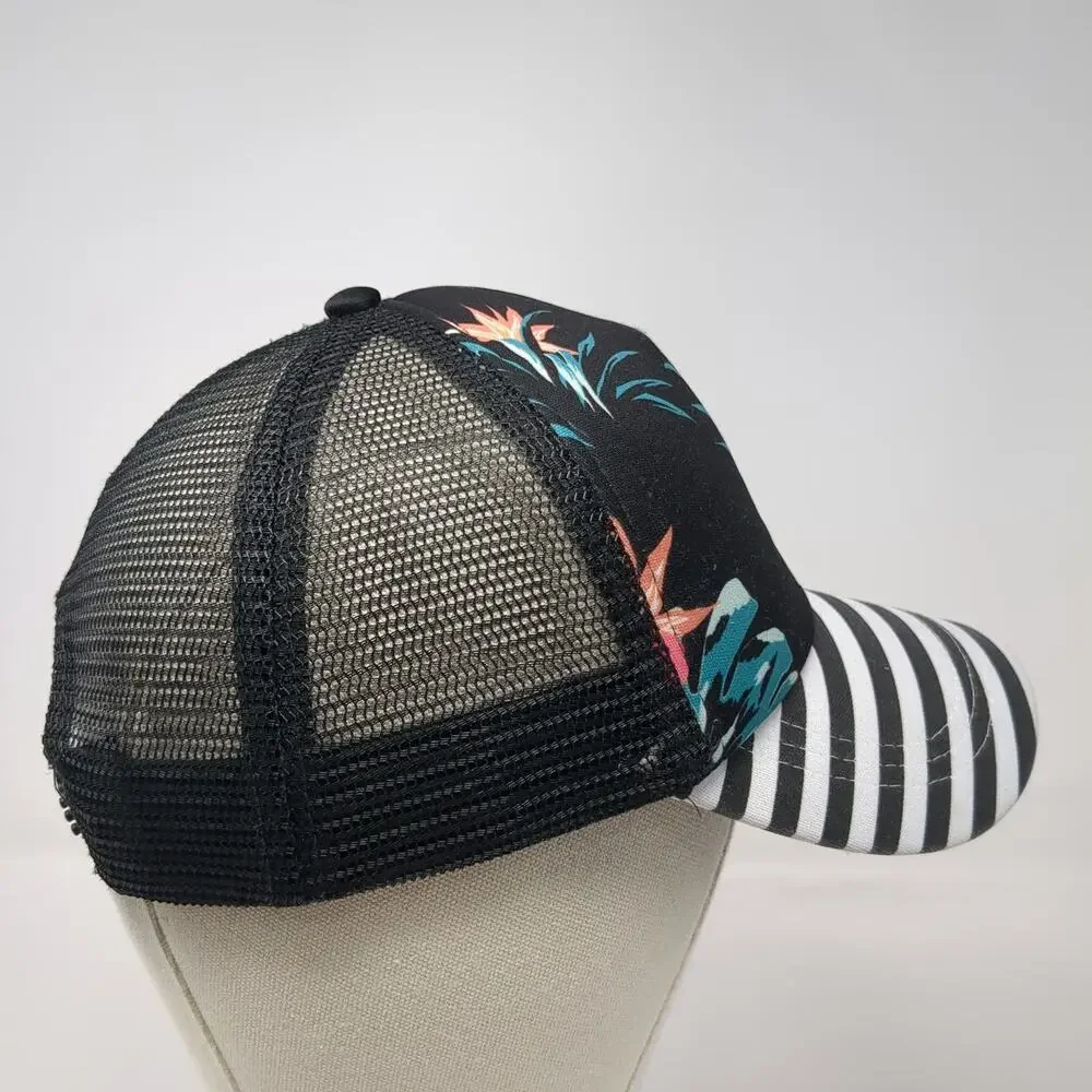 Roxy Trucker Hat Black Floral Hibiscus Striped One Size Mesh Snapback Bill